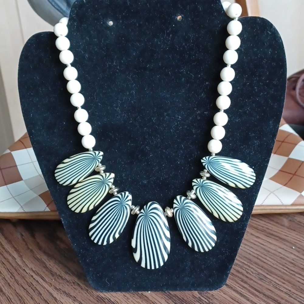 Vintage black, cream, silver, bead necklace, 70s disco vibe